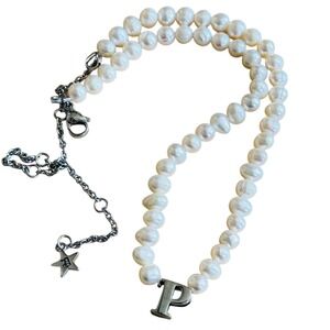 Dalmata Initial letter "P" Pearl Necklace Stainless Steel Pearl Goth Rockabilly